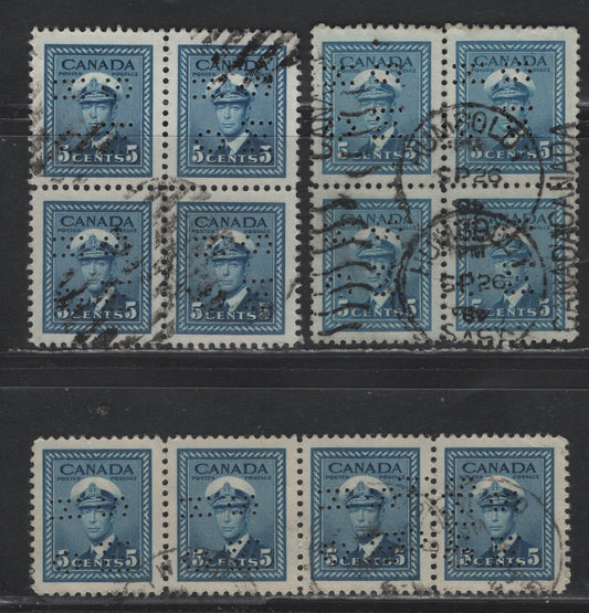 Lot 287 Canada SC#O9-255, O10-255 5c Blue, 2 VF Used Blocks of 4 & Strip of 4 4-Hole OHMS Perfins From Position 2, Original & Revised Dies, With Strip of 4 Showing The Double Strike Affecting The Last Stamp, Different Shades Of Blue