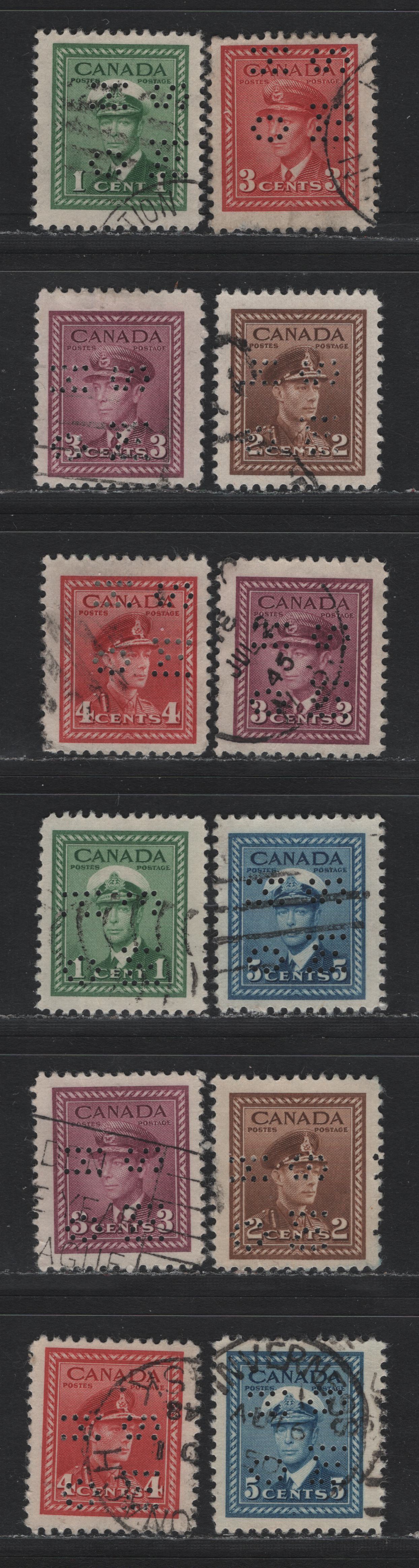Lot 289 Canada SC#O10-250var, O10-254var 1c-5c Green-Blue King George VI, 1942-1949 War Effort Issue, 12 Fine & VF Used Singles 4-Hole OHMS Perfins From Position 2, Original & Revised (2c, 3c, 4c, 5c) Dies, Different Shades Or Papers