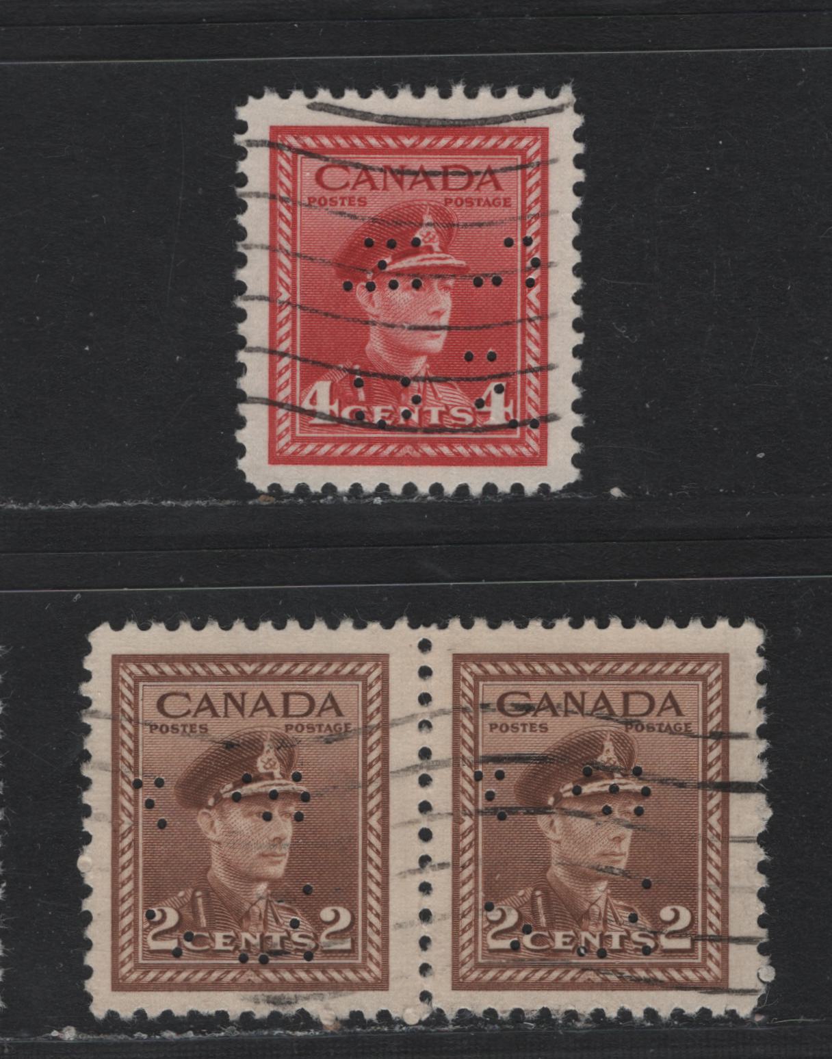 Lot 290 Canada SC#O9-249-O9-255, O10-249-O10-255 2c, 4c Brown, Carmine Red King George VI, 1942-1949 War Effort Issue, A Fine & VF Used Pair & Single 4-Hole OHMS Perfins From Position 2, Revised Die, Showing Missing Holes Due To Broken Pins