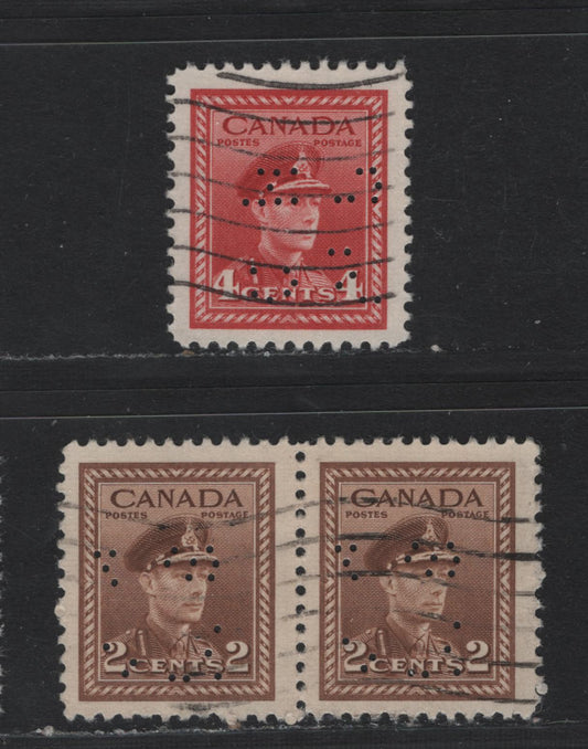 Lot 290 Canada SC#O9-249-O9-255, O10-249-O10-255 2c, 4c Brown, Carmine Red King George VI, 1942-1949 War Effort Issue, A Fine & VF Used Pair & Single 4-Hole OHMS Perfins From Position 2, Revised Die, Showing Missing Holes Due To Broken Pins