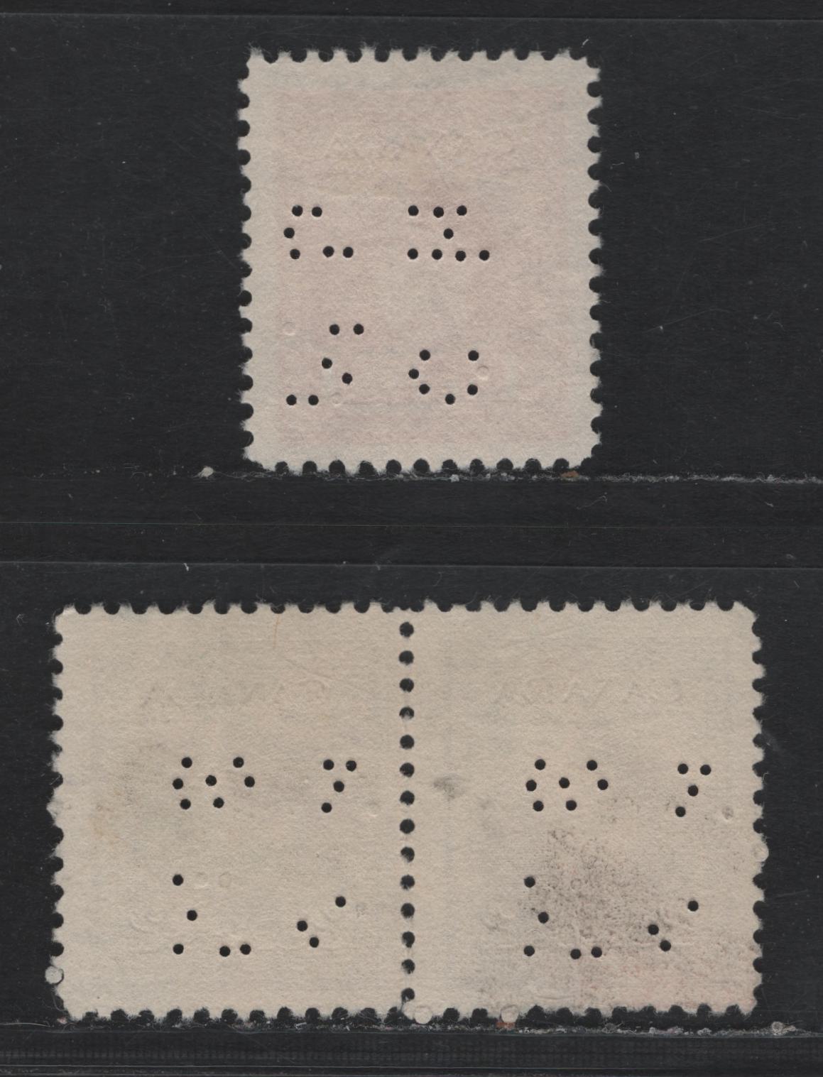 Lot 290 Canada SC#O9-249-O9-255, O10-249-O10-255 2c, 4c Brown, Carmine Red King George VI, 1942-1949 War Effort Issue, A Fine & VF Used Pair & Single 4-Hole OHMS Perfins From Position 2, Revised Die, Showing Missing Holes Due To Broken Pins