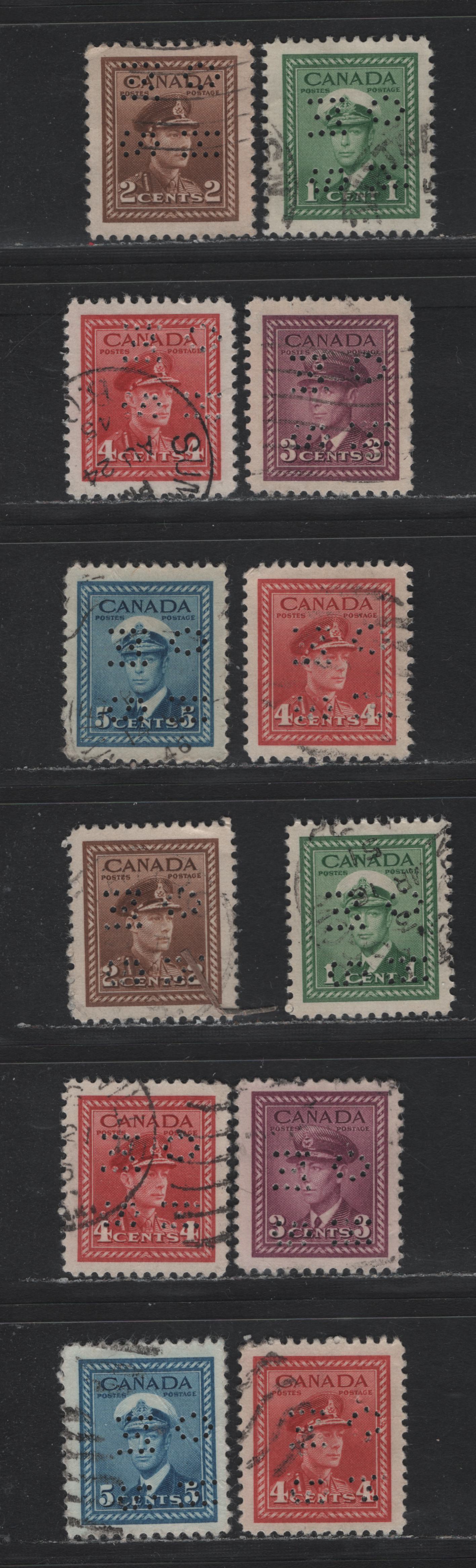 Lot 291 Canada SC#O9-254var, O10-250var 1c-5c Green-Blue King George VI, 1942-1949 War Effort Issue, 12 VF Used Singles 4-Hole OHMS Perfins From Position 4, Original & Revised Dies, Different Shades Or Papers On the 4c Original Die