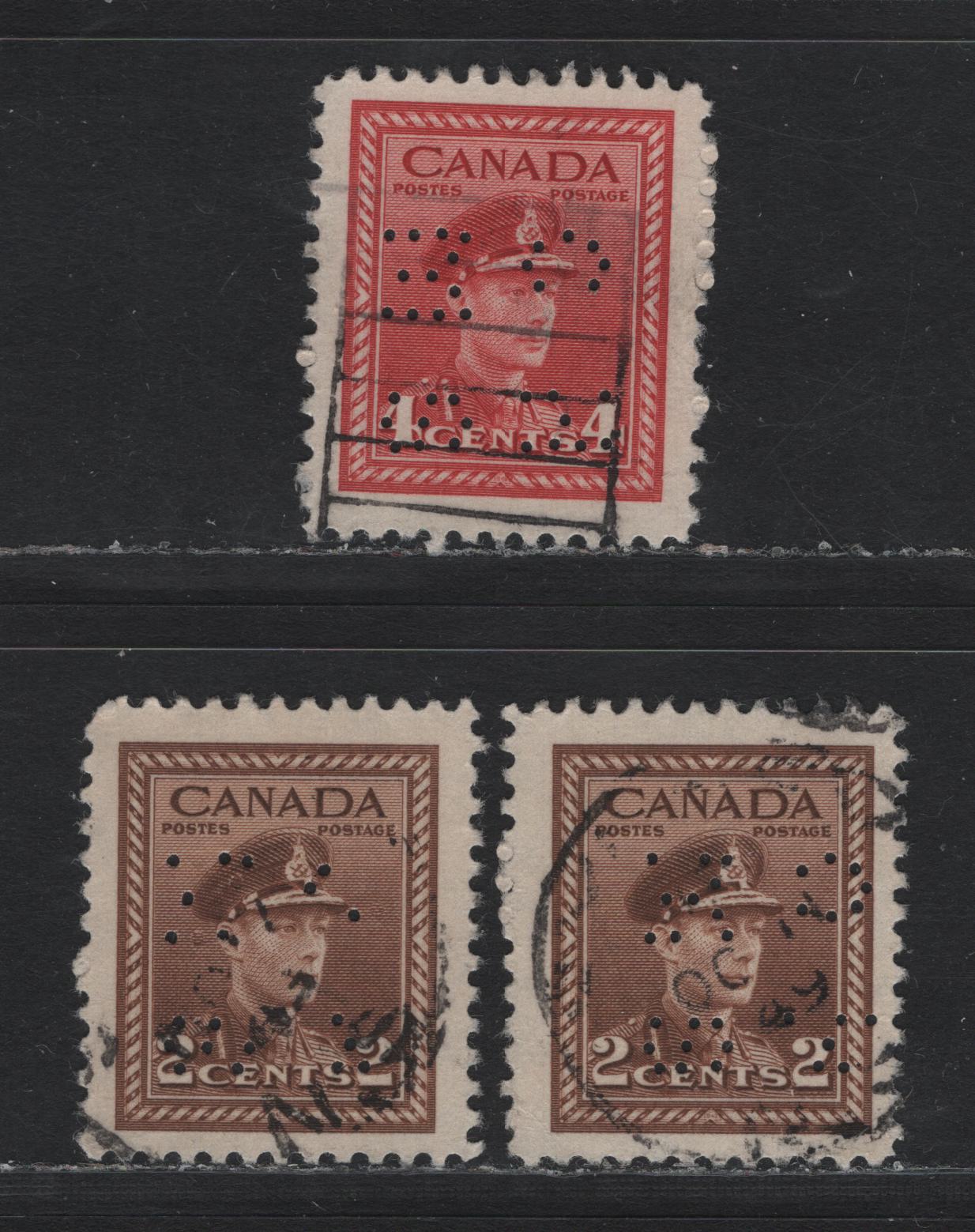 Lot 292 Canada SC#O9-250, O9-254, O9-255 2c, 4c Brown, Carmine Red King George VI, 1942-1949 War Effort Issue, 3 Fine & VF Used Singles 4-Hole OHMS Perfins From Position 4, Original & Revised Dies, All Showing Different Missing Holes Due to Broken Pins