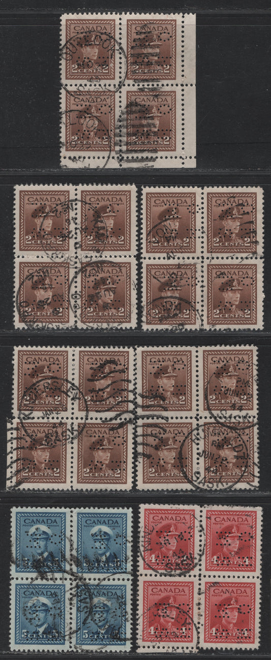 Lot 293 Canada SC#O9-249, O9-250, O9-254, O10-249 2c, 4c-5c Brown, Carmine Red & Blue King George VI, 1942-1949 War Effort Issue, 6 VF Used Blocks of 4 4-Hole OHMS Perfins From Position 4, Original Die, All With Different Town Cancels