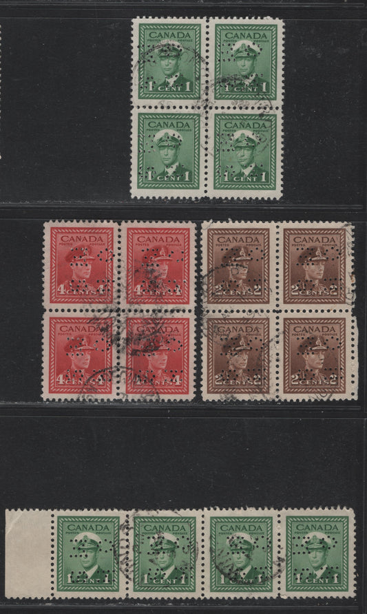 Lot 294 Canada SC#O1, O4 1c, 2c, 4c Green, Carmine-Red, Blue King George VI, 1942-1949 War Effort Issue, 3 VF Used Blocks of 4 & Strip of 4 4-Hole OHMS Perfins From Position 4, Original & Revised (1c) Dies, The 1c Block Showing Both Dies
