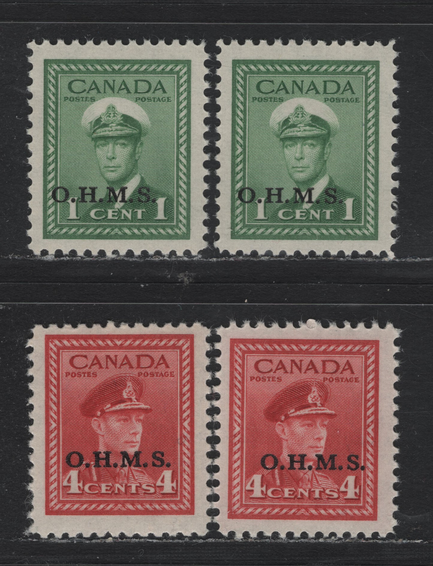 Lot 295 Canada SC#O1var 1c, 4c Green & Carmine Red King George VI, 1942-1949 War Effort Issue, 4 Fine & VFNH Singles OHMS Overprint Showing Significant Shifts From The Normal Position, Slightly Different Shades or Paper/Gum Types