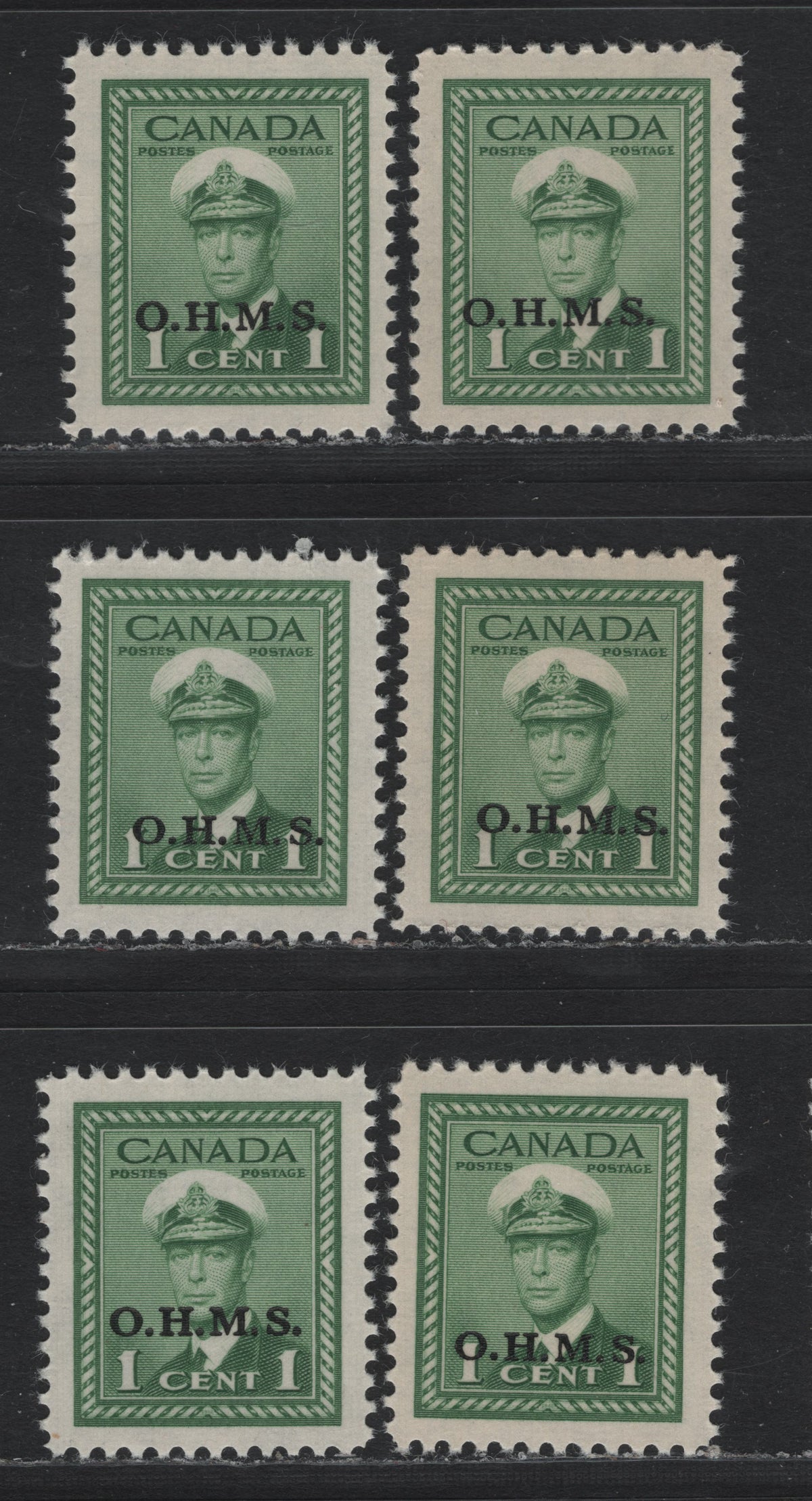 Lot 52 Canada SC#O1 1c Green King George VI, 1942-1949 War Effort Issue, 6 VFNH Singles OHMS Overprints All Showing Slight Shifts Of The Overprint