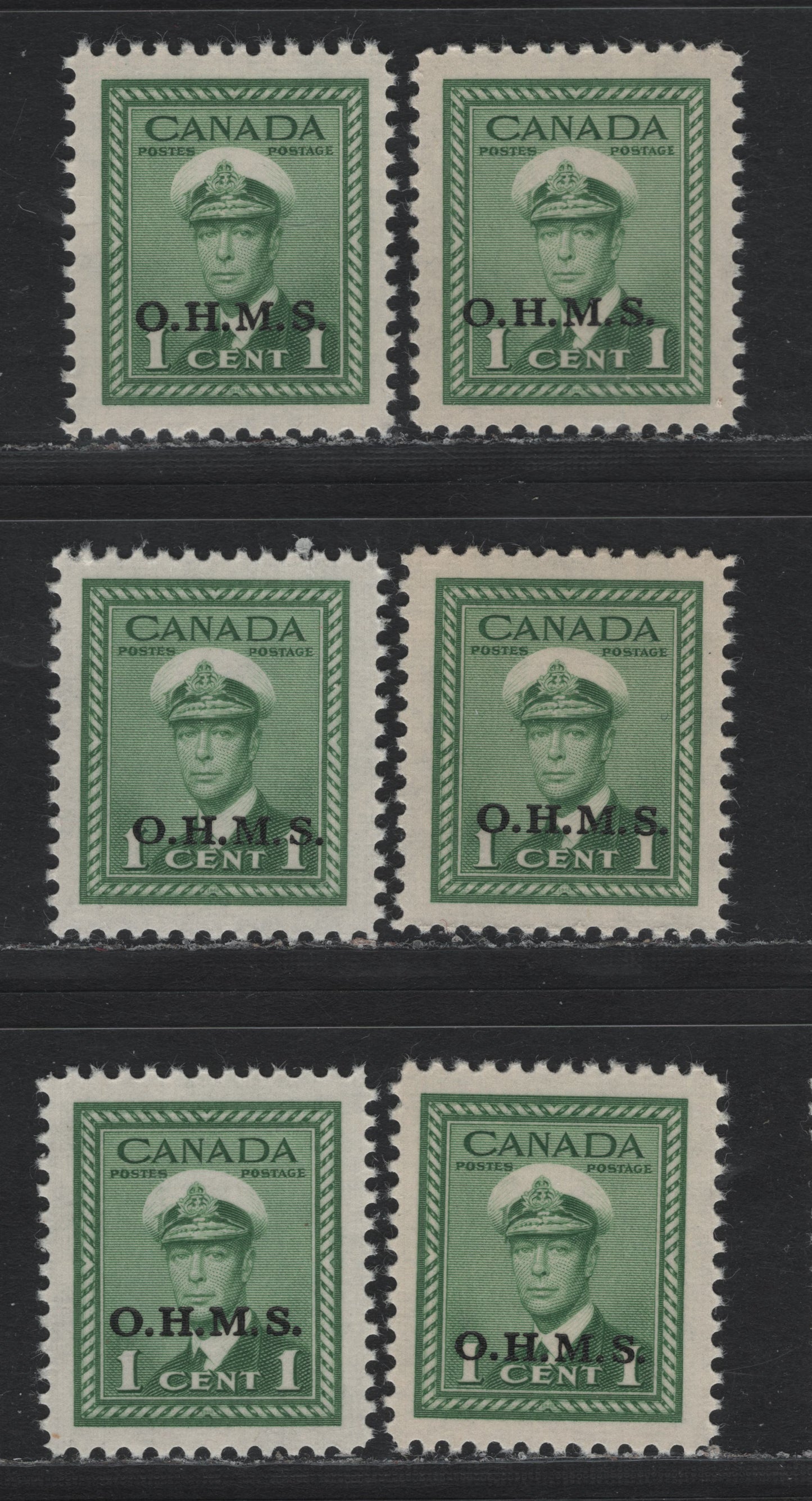 Lot 297 Canada SC#O1 1c Green King George VI, 1942-1949 War Effort Issue, 6 VFNH Singles OHMS Overprints All Showing Slight Shifts Of The Overprint