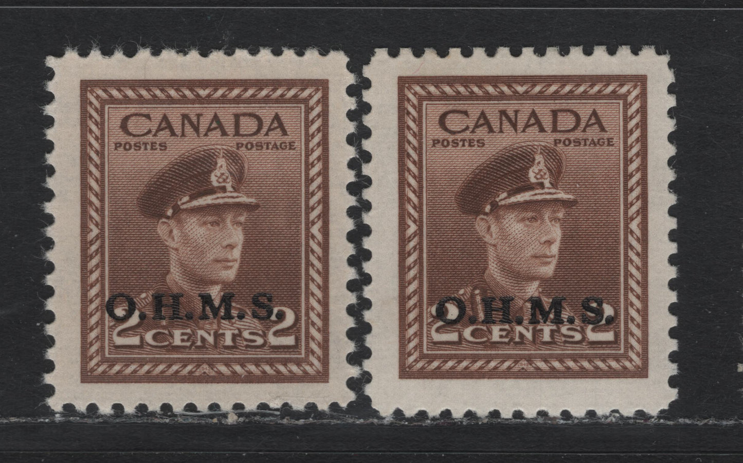 Lot 300 Canada SC#O2 2c  Brown King George VI, 1942-1949 War Effort Issue, 2 VFOG Singles OHMS Overprints, Each A Slightly Different Shade/Paper/Gum Type