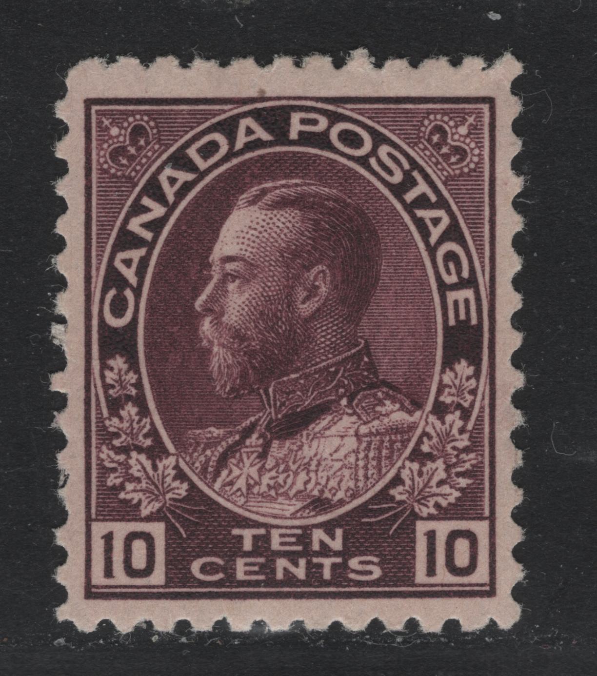 Lot 30 Canada #116a 10c Reddish Purple , 1911-1925 KGV Admiral Issue, A VFOG Single, ABN-A Paper, Perf 12x11.9