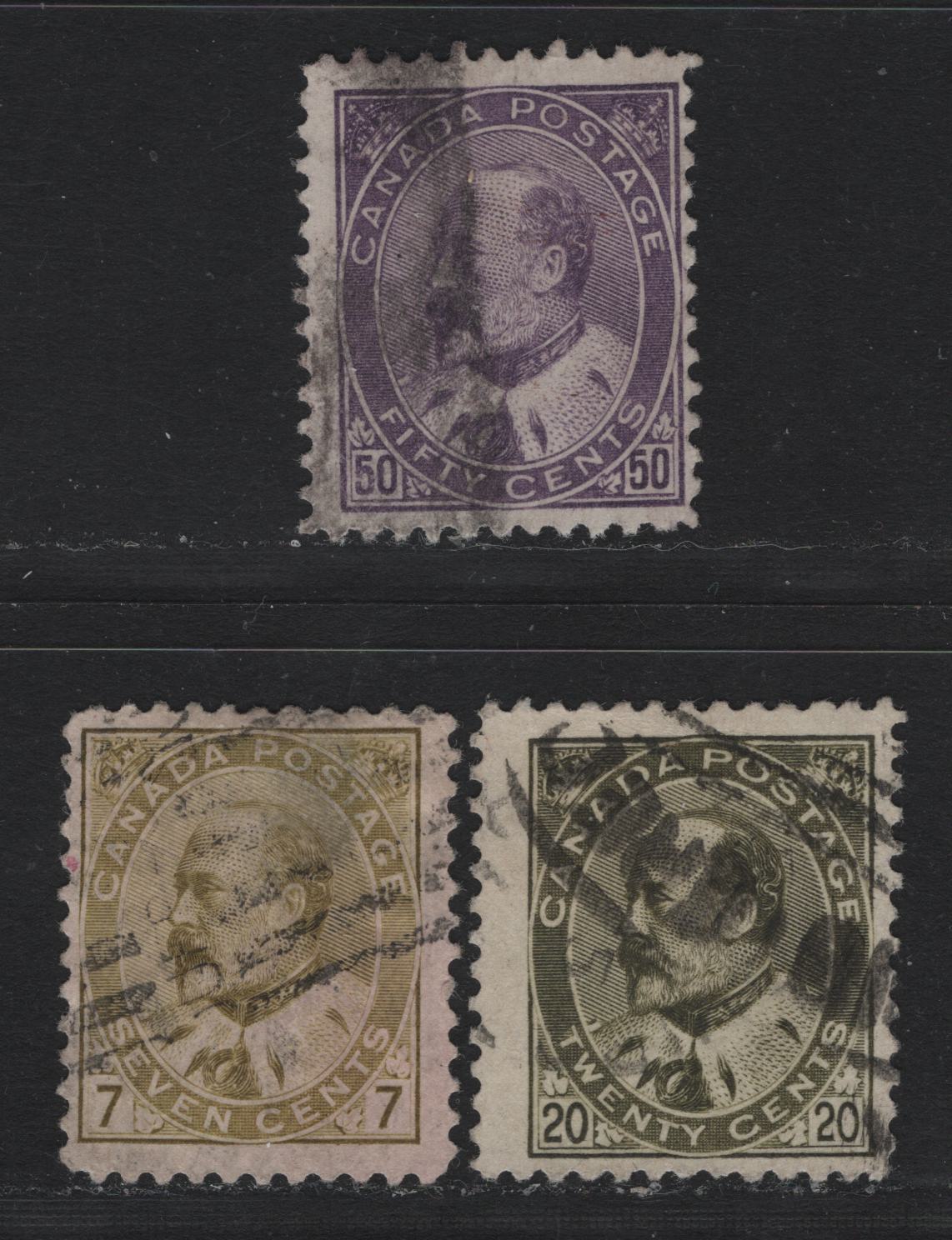 Lot 3 Canada #92, 94i, 95 7c - 50c Olive Bistre - Purple , 1903-1908 King Edward VII Issue, 3 Fine Used Singles, ABN-B Paper, Perfs 12 & 11.9, 7c Has A Shallow Thin & Not Counted.