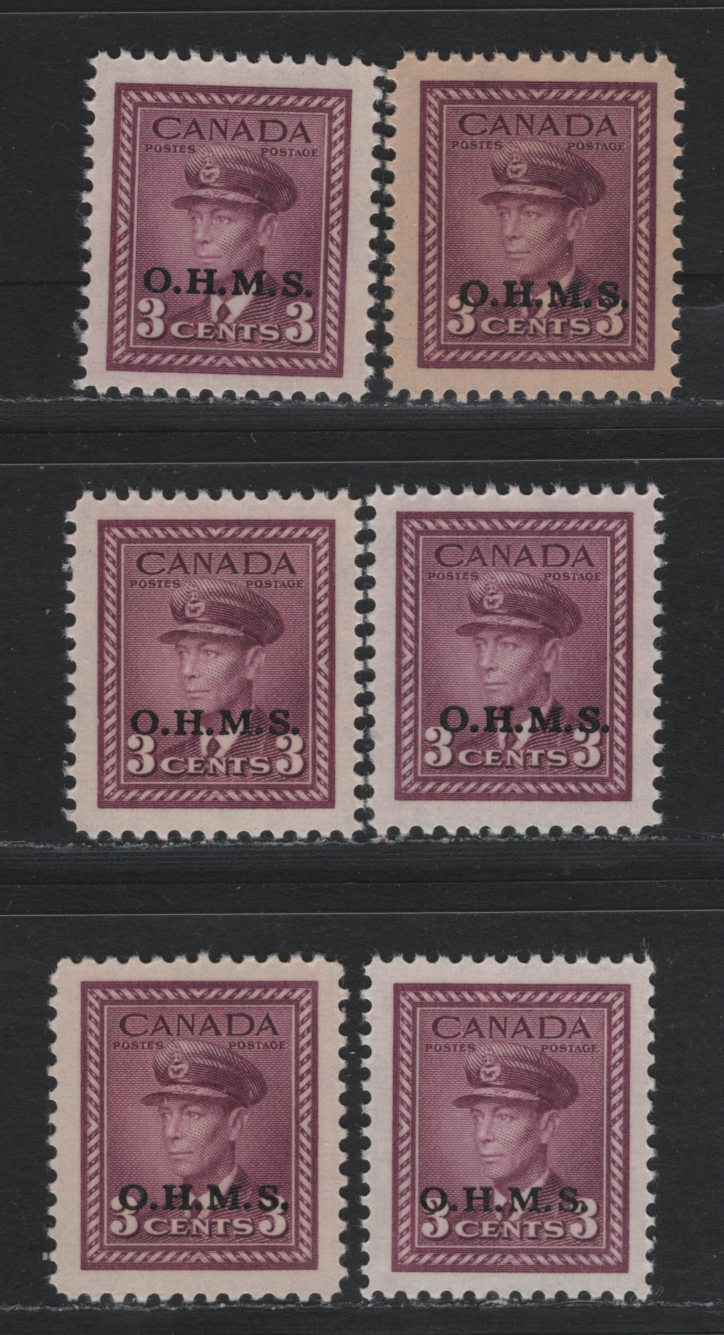 Lot 301 Canada SC#O3 3c Rose Purple Shades King George VI, 1942-1949 War Effort Issue, 6 VFNH Singles OHMS Overprints All Showing Slight Shifts Of The Overprint