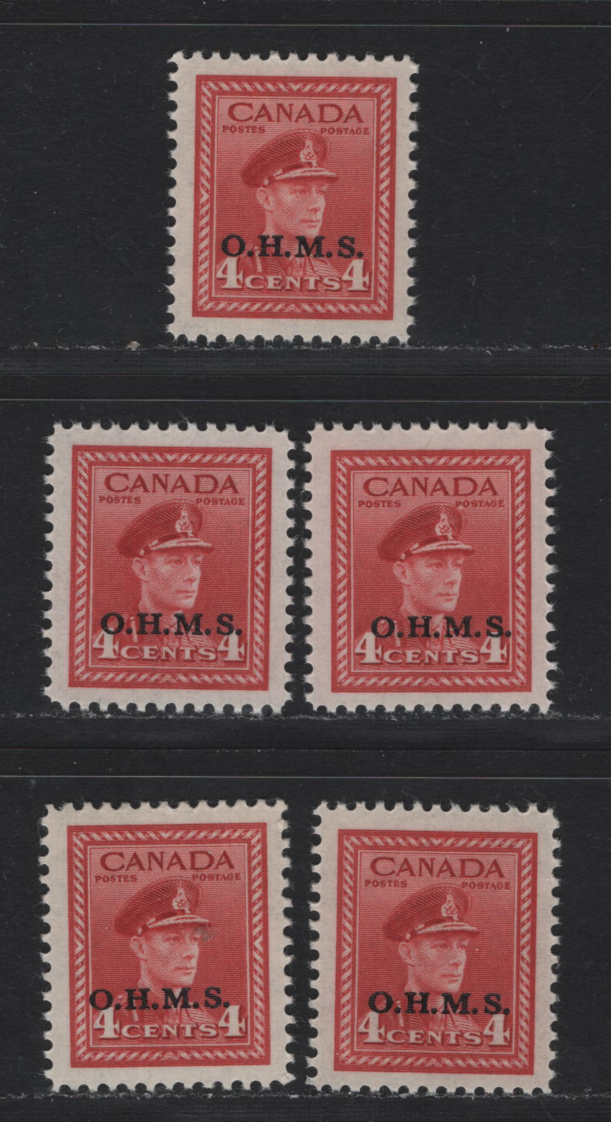 Lot 302 Canada SC#O3 4c Carmine Red  King George VI, 1942-1949 War Effort Issue, 5 VFNH Singles OHMS Overprints All Showing Slight Shifts Of The Overprint Or Slight Differences In Shade/Paper Or Gum