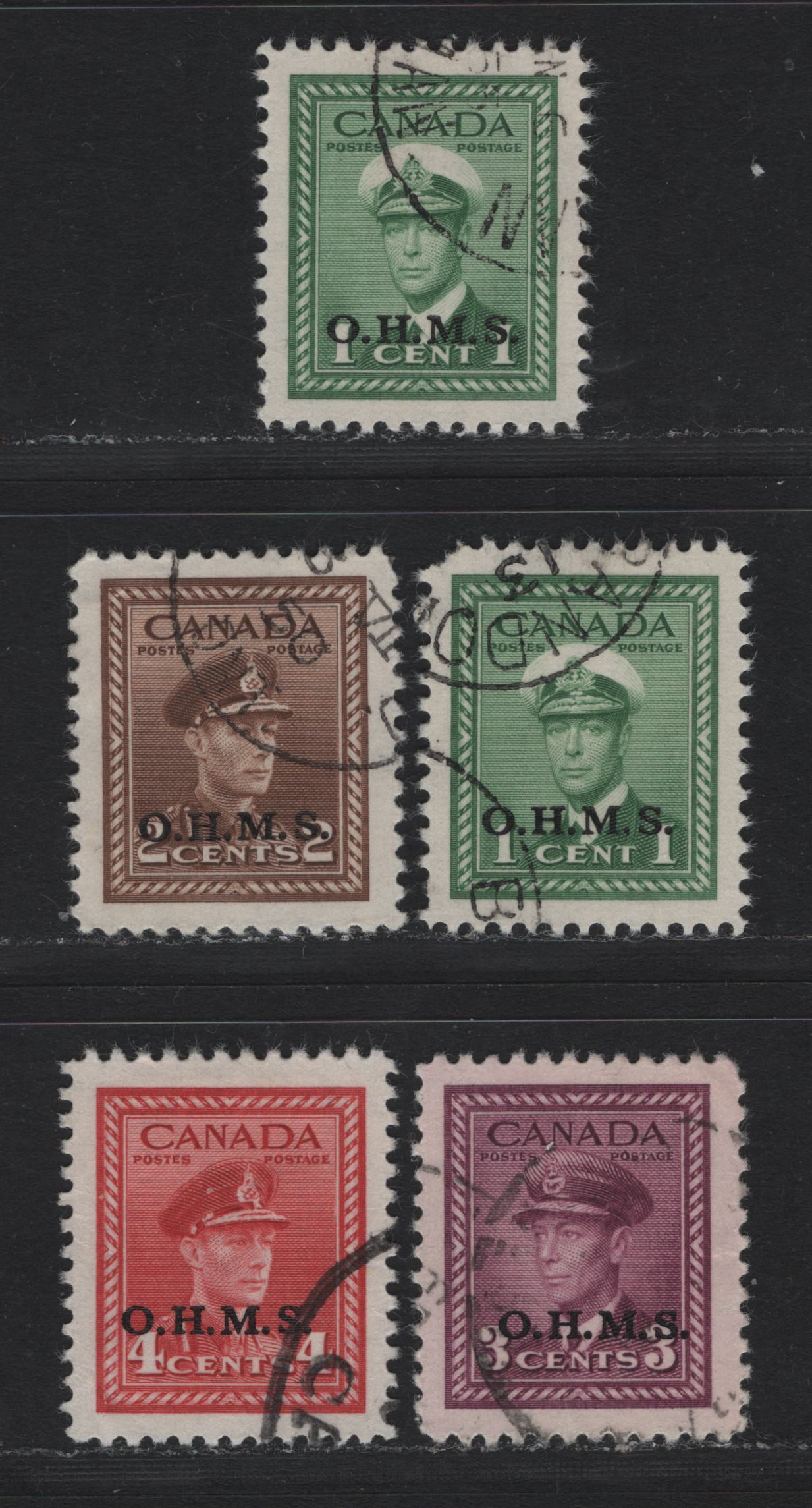 Lot 303 Canada SC#O4 1c-4c Green-Carmine Red King George VI, 1942-1949 War Effort Issue, 5 VF Used Singles OHMS Overprints, 1c Showing Two Slightly Different Positionings Of The Overprint