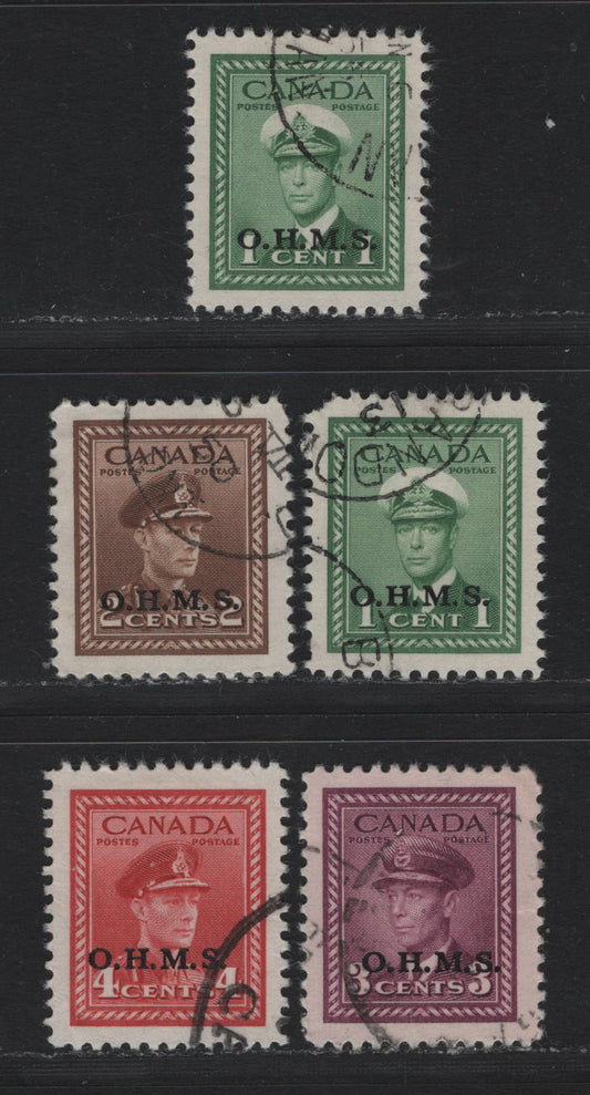 Lot 303 Canada SC#O4 1c-4c Green-Carmine Red King George VI, 1942-1949 War Effort Issue, 5 VF Used Singles OHMS Overprints, 1c Showing Two Slightly Different Positionings Of The Overprint