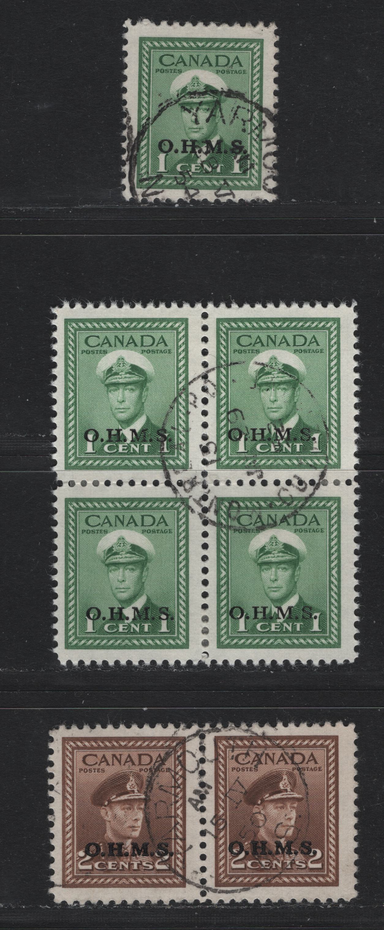 Lot 304 Canada SC#O1-O2 1c-2c Green & Brown King George VI, 1942-1949 War Effort Issue, A Fine & VF Used Block of 4, a Pair & A Single OHMS Overprints, With Montreal & Yarmouth CDS Cancels