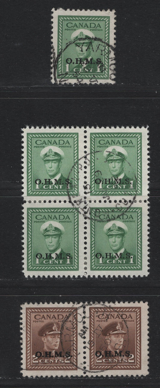 Lot 304 Canada SC#O1-O2 1c-2c Green & Brown King George VI, 1942-1949 War Effort Issue, A Fine & VF Used Block of 4, a Pair & A Single OHMS Overprints, With Montreal & Yarmouth CDS Cancels