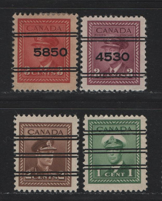 Lot 306 Canada #249xx, 250xx, 251xx, 252xx 1c - 3c Green - Rose Purple , 1942-1943 KGVI War Issue, 3 F/VFOG/NH Singles, Style X Precancels & Money Order Office Precancels For Toronto & Winnipeg (3cs), Unchecked As To Specific Paper Type & Perfs