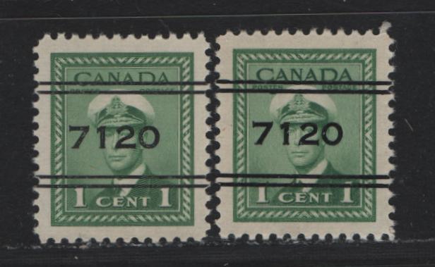 Lot 307 Canada #249xx 1c Green - Bluish Green , 1942-1943 KGVI War Issue, 2 VFNH Singles, Moose Jaw Precancels, Printed In A Slightly Different Shade, Semi Translucent Wove Paper With Satin Cream Gum, Unpriced Mint In Walburn.