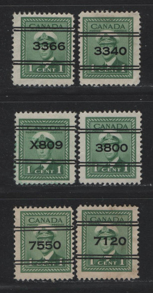 Lot 308 Canada #249xx 1c Green , 1942-1943 KGVI War Issue, 6 Fine/Very Fine Used Singles, Precancels From Many Money Order Offices, Not Checked As to Specific Paper Types