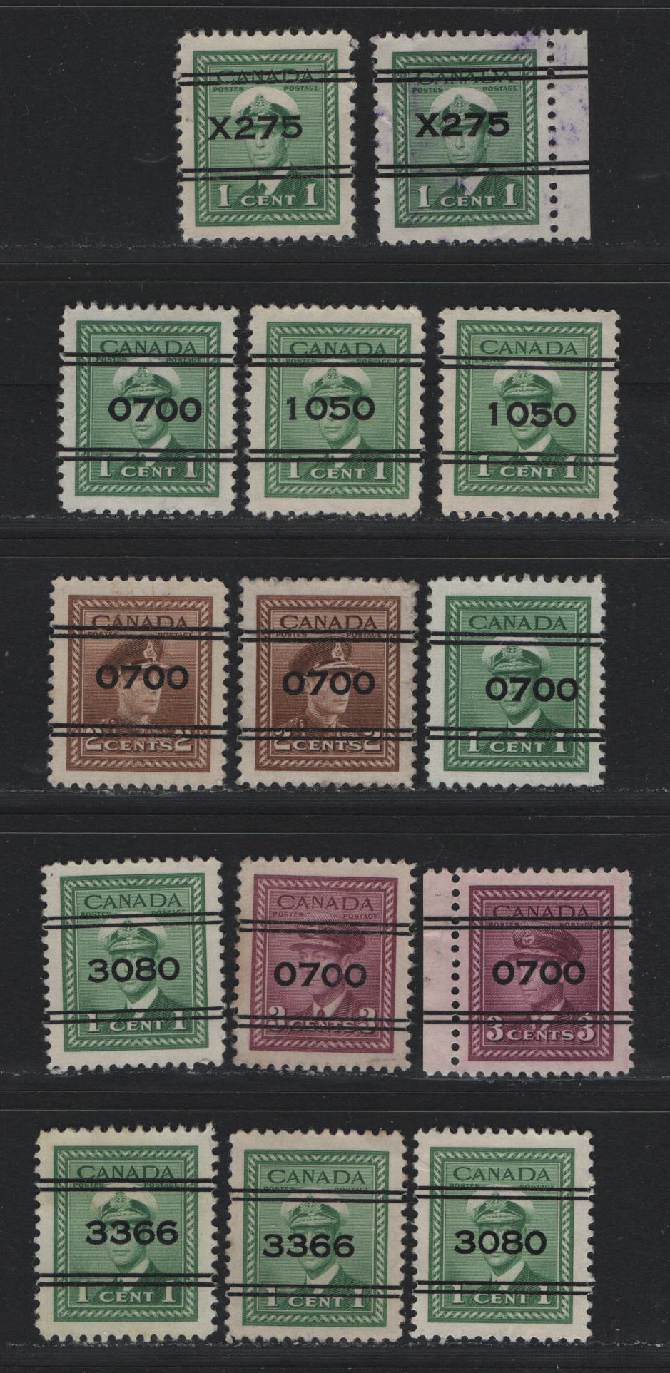 Lot 309 Canada #249xx-250xx, 252xx 1c - 3c Green - Rose Purple , 1942-1943 KGVI War Issue, 14 Very Fine Used Singles, Precancels From Various Money Order Offices