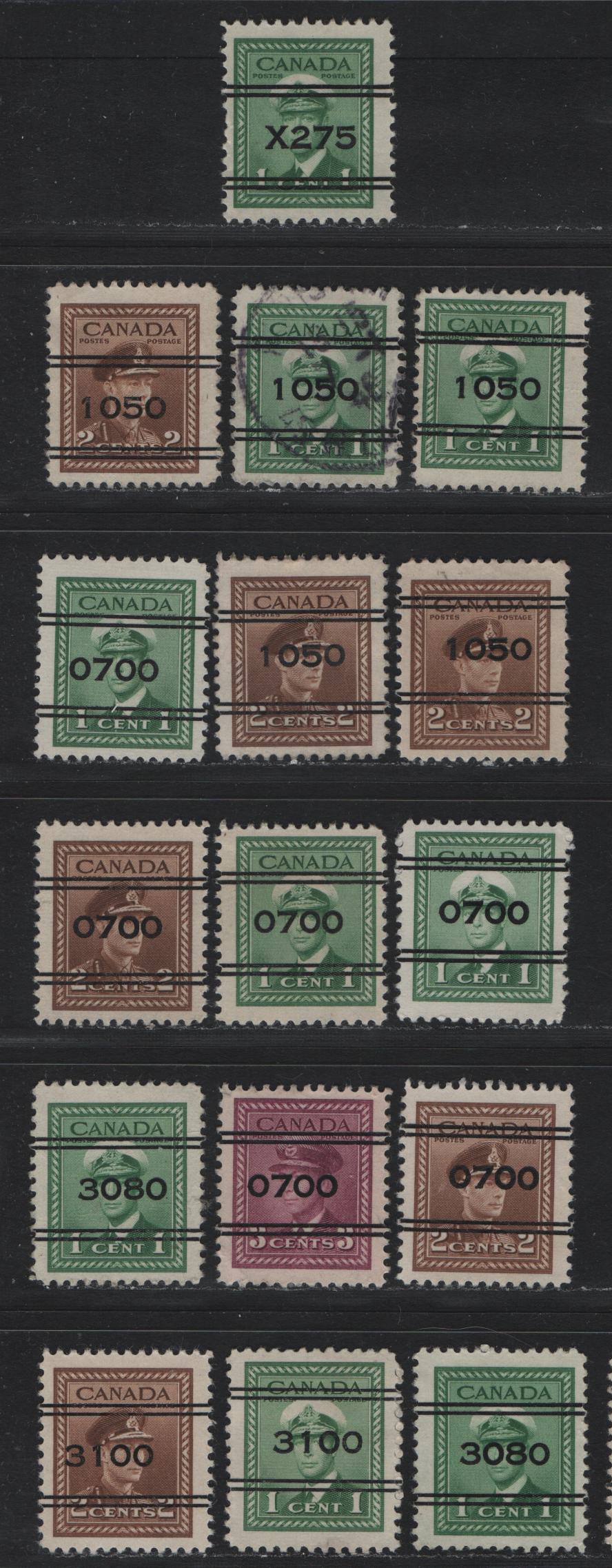 Lot 310 Canada #249xx-250xx 1c - 2c Green - Brown , 1942-1943 KGVI War Issue, 16 Fine Used Singles, Precancels From Various Money Order Offices