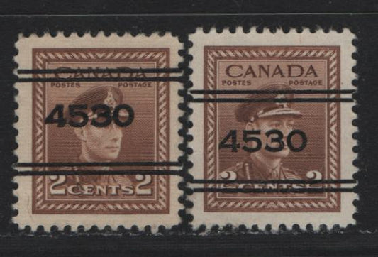 Lot 311 Canada #250xx 2c Brown , 1942-1943 KGVI War Issue, 2 Very Fine Used Singles, Toronto Precancel, Showing The Number Shifted 1/2mm Upward Relative To The Bars, Compared To The Normal, Where The Numbers Are Centered.