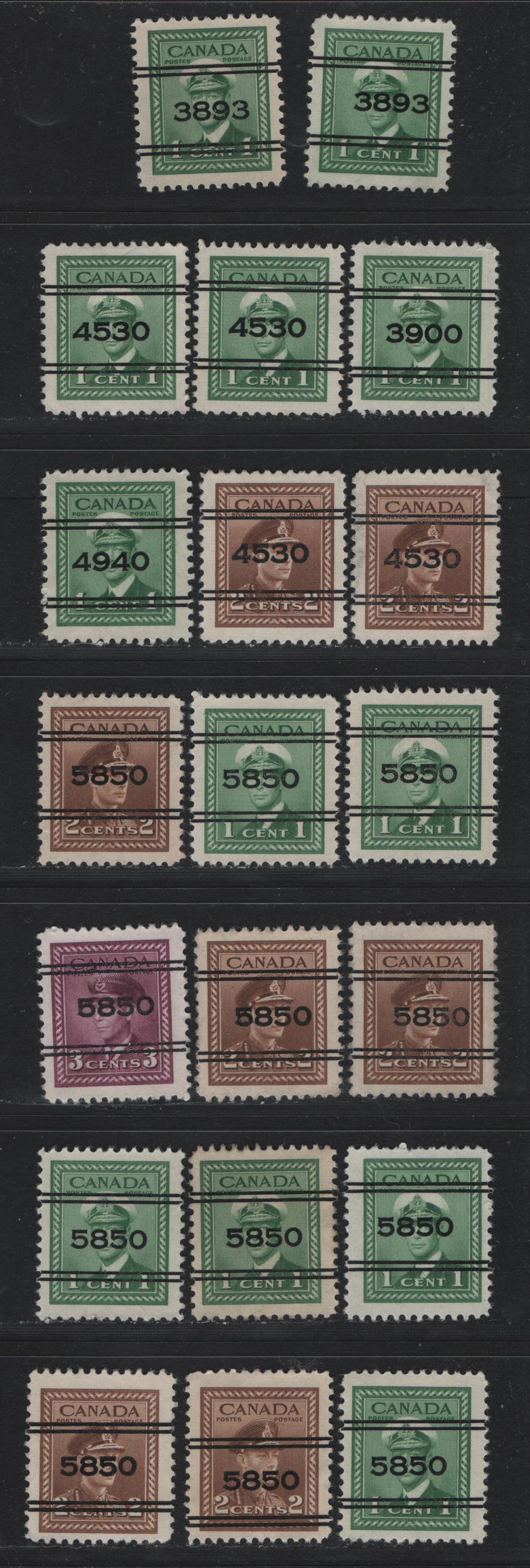 Lot 312 Canada #249xx, 250xx 1c - 2c Green - Brown , 1942-1943 KGVI War Issue,  Very Fine Used Singles, Precancels From Various Money Order Offices