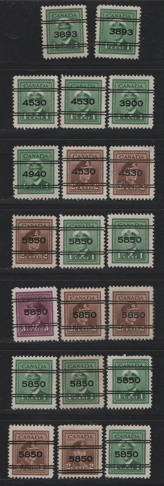 Lot 312 Canada #249xx, 250xx 1c - 2c Green - Brown , 1942-1943 KGVI War Issue,  Very Fine Used Singles, Precancels From Various Money Order Offices