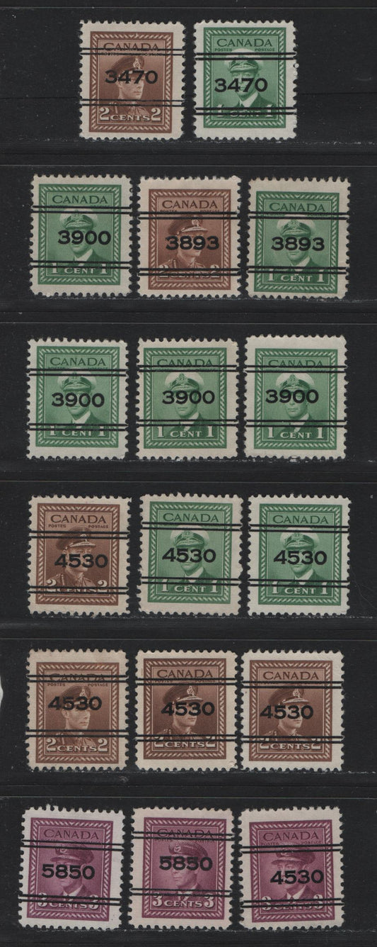 Lot 313 Canada #249xx, 250xx 1c - 2c Green - Brown , 1942-1943 KGVI War Issue,  Fine Used Singles, Precancels From Various Money Order Offices