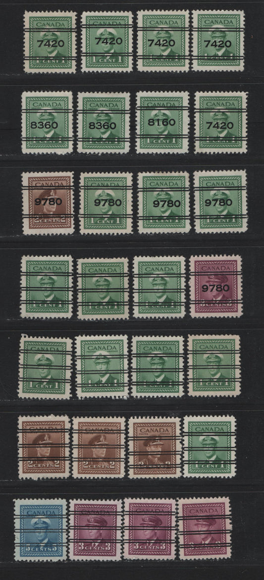 Lot 314 Canada #249xx-250xx, 252xx 1c - 3c Green - Rose Purple , 1942-1943 KGVI War Issue, 28 Fine/Very Fine Used Singles, Style X Precancels & Money Order Offices