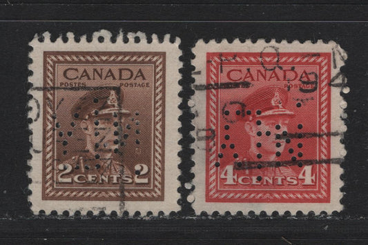 Lot 316 Canada #250var, 254var 2c - 4c Brown - Dark Carmine , 1942-1943 KGVI War Issue, 2 Fine/Very Fine Used Singles, 2c New York Life Insurance Co Perfin From Montreal, Pos. 5, 4c New York Life Insurance Co Perfin For Montreal, Pos. 3