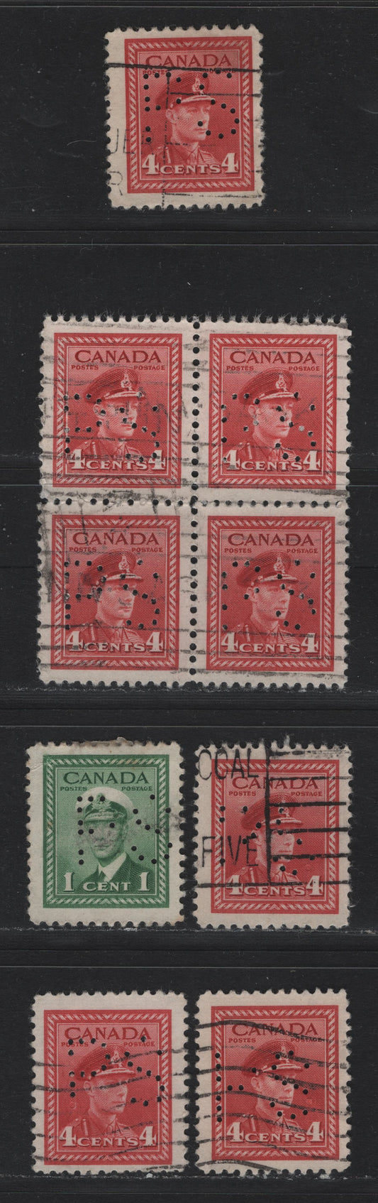 Lot 318 Canada #249var, 254var 1c - 4c Green - Carmine Red , 1942-1943 KGVI War Issue, 6 Fine/Very Fine Used Singles, Province of Saskatchewan Perfins, All Pos. 1, And All Showing Missing Holes In Various Locations From Missing Pins.