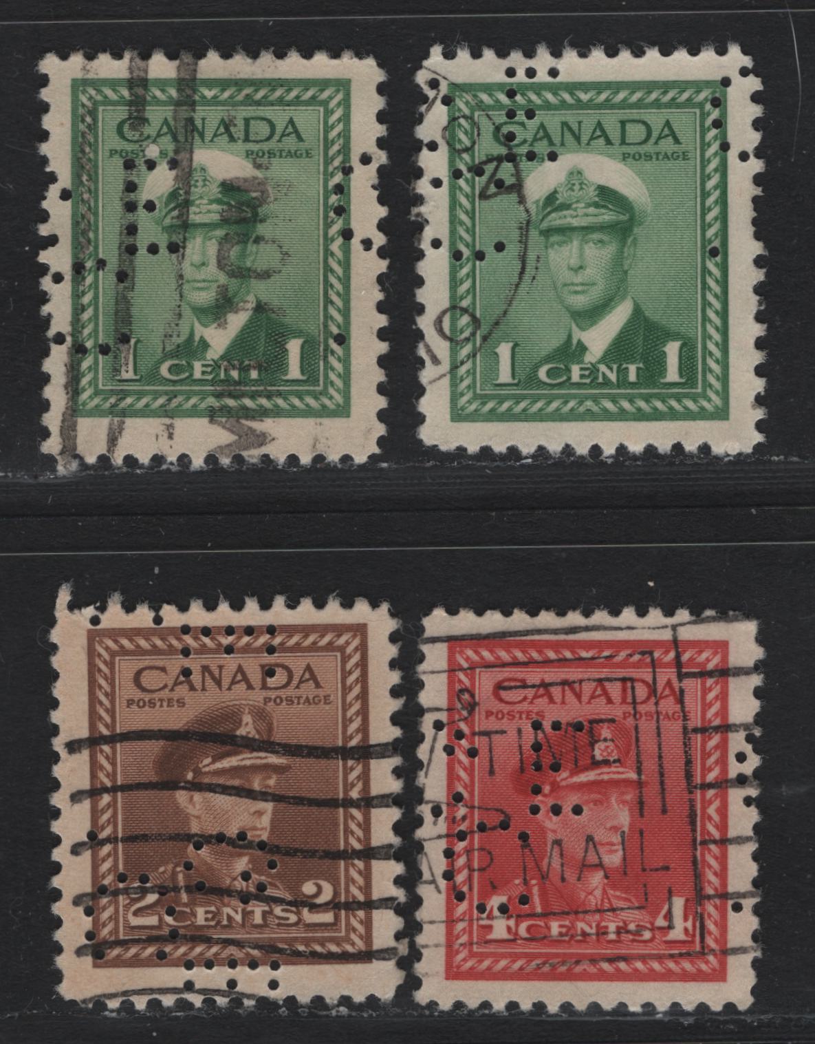 Lot 319 Canada #249var, 250var, 254var 1c - 4c Green - Carmine Red , 1942-1943 KGVI War Issue, 4 Very Good/Fine/Very Fine Used Singles, Canadian General Electric Company Of Toronto Perfins, From Pos. 7 & 8, Includes 2 Shades Of The 1c