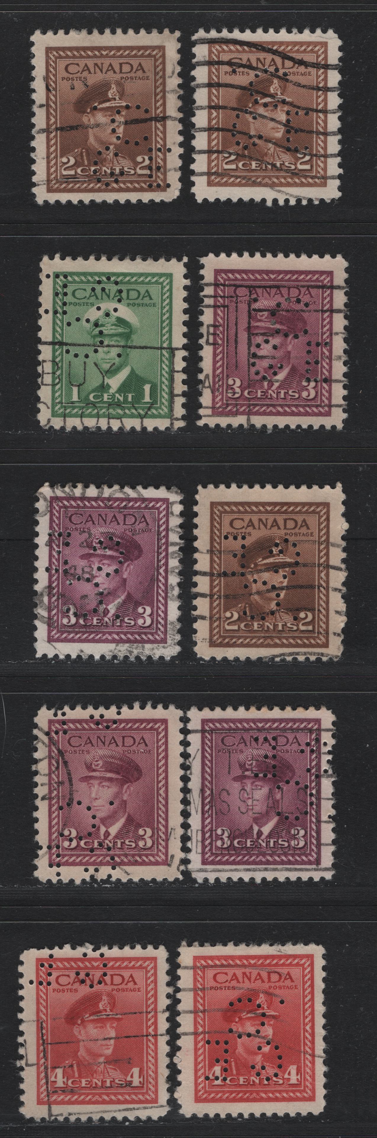 Lot 320 Canada #249var, 250var, 252var, 254var 1c - 4c Green - Carmine Red , 1942-1943 KGVI War Issue, 10 Very Fine Used Singles, Canadian General Electric Company Of Toronto Pos. 1, 3 & 5, Includes 2 Shades of 2c Pos. 1, 2 Shades Of 3c Rose Purple