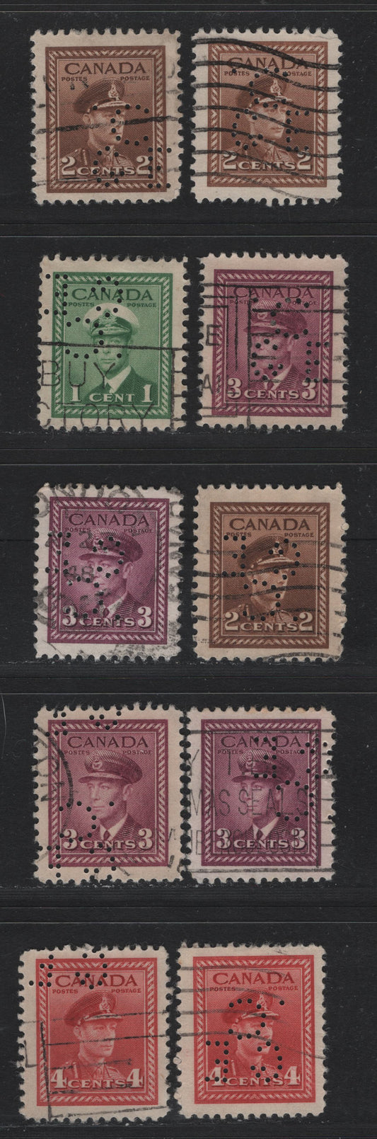 Lot 320 Canada #249var, 250var, 252var, 254var 1c - 4c Green - Carmine Red , 1942-1943 KGVI War Issue, 10 Very Fine Used Singles, Canadian General Electric Company Of Toronto Pos. 1, 3 & 5, Includes 2 Shades of 2c Pos. 1, 2 Shades Of 3c Rose Purple