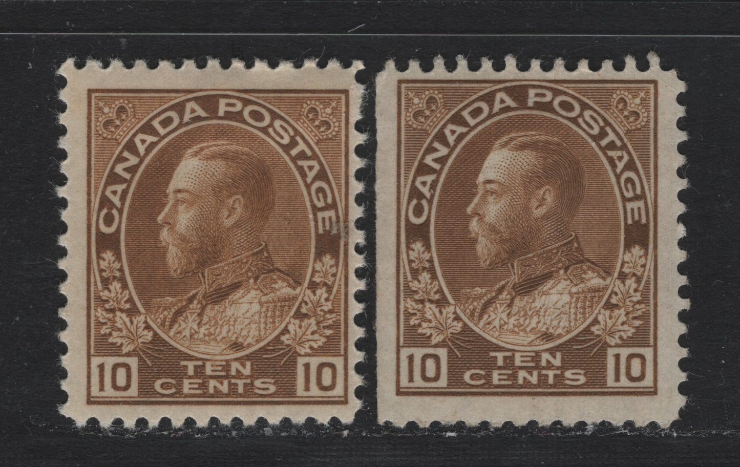 Lot 32 Canada #118 10c Bistre Brown - Light Bistre Brown , 1911-1925 KGV Admiral Issue, 2 FOG Singles, ABN-RRR Paper, Perfs 11.9 & 12x11.9