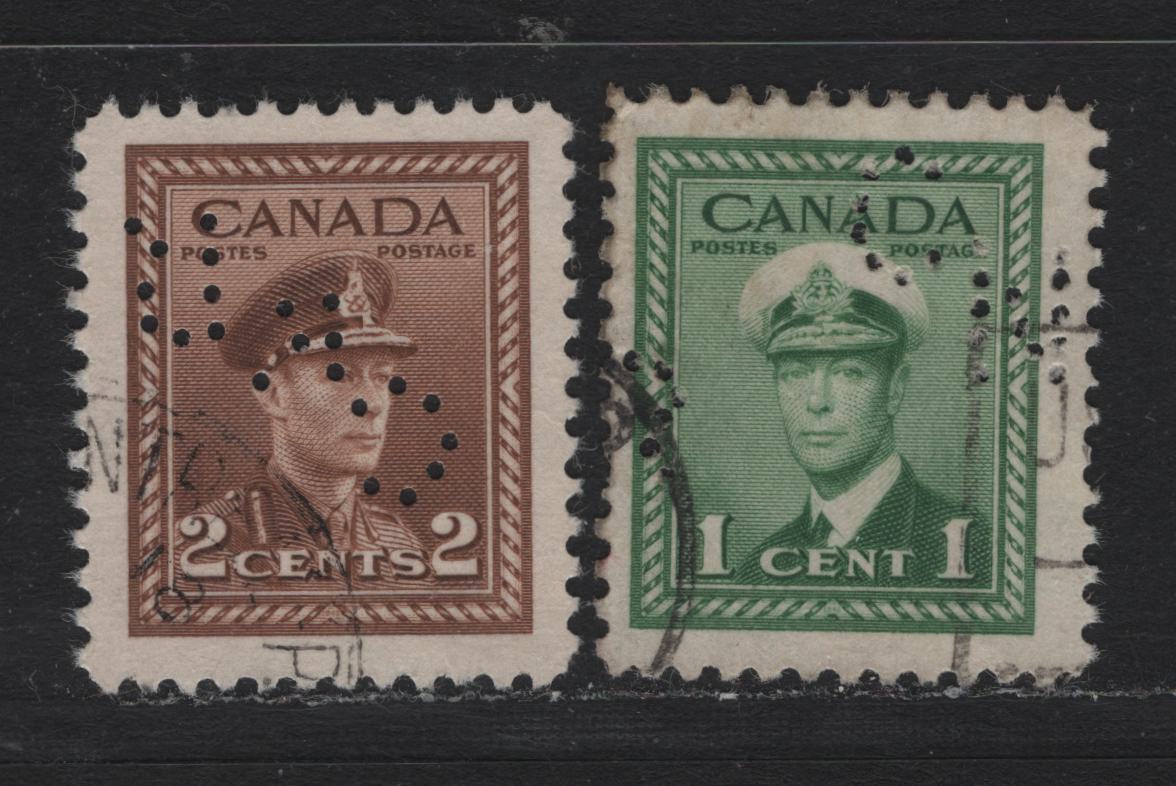Lot 321 Canada #249var-250var 1c - 2c Green - Brown , 1942-1943 KGVI War Issue, 2 Fine/Very Fine Used Singles, CN Railways Toronto, Perfin Type C24 From Positions 1 & 3 (Scarcer), The 2c Perfin Is Missing Several Holes In The 'N'