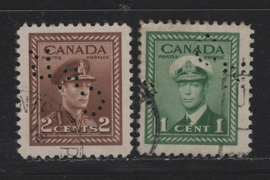 Lot 321 Canada #249var-250var 1c - 2c Green - Brown , 1942-1943 KGVI War Issue, 2 Fine/Very Fine Used Singles, CN Railways Toronto, Perfin Type C24 From Positions 1 & 3 (Scarcer), The 2c Perfin Is Missing Several Holes In The 'N'