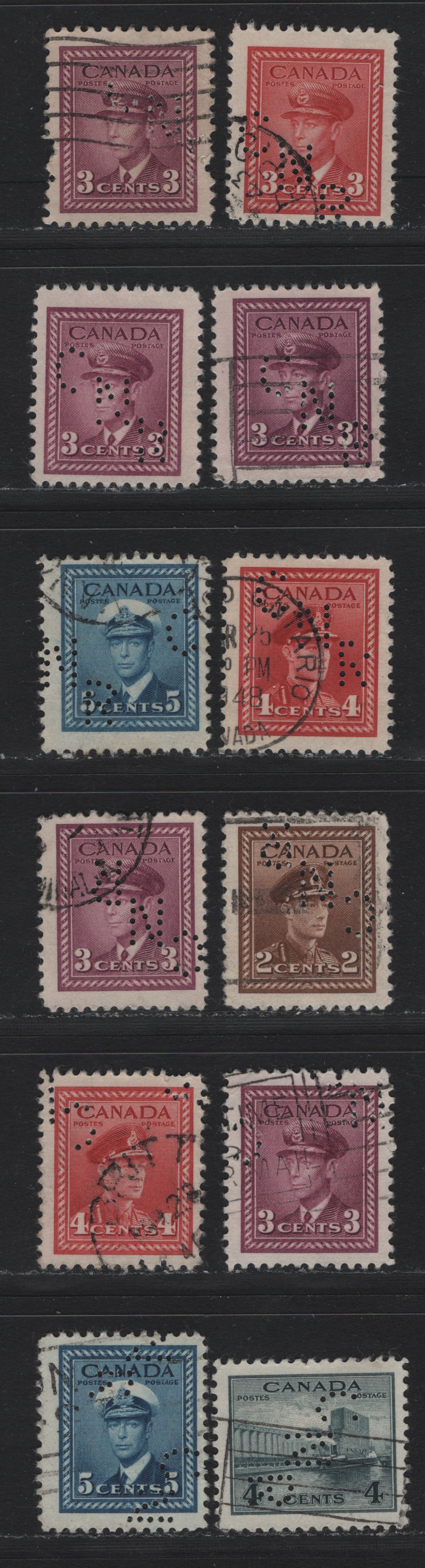 Lot 322 Canada #250var, 251var, 252var, 253var, 254var, 255var 2c - 4c Brown - Blue , 1942-1943 KGVI War Issue, 12 Fine/Very Fine Used Singles, CN Railways Toronto Perfins From Pos. 1, 3 & 4