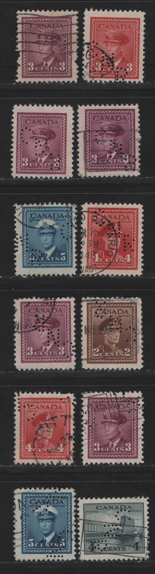 Lot 322 Canada #250var, 251var, 252var, 253var, 254var, 255var 2c - 4c Brown - Blue , 1942-1943 KGVI War Issue, 12 Fine/Very Fine Used Singles, CN Railways Toronto Perfins From Pos. 1, 3 & 4