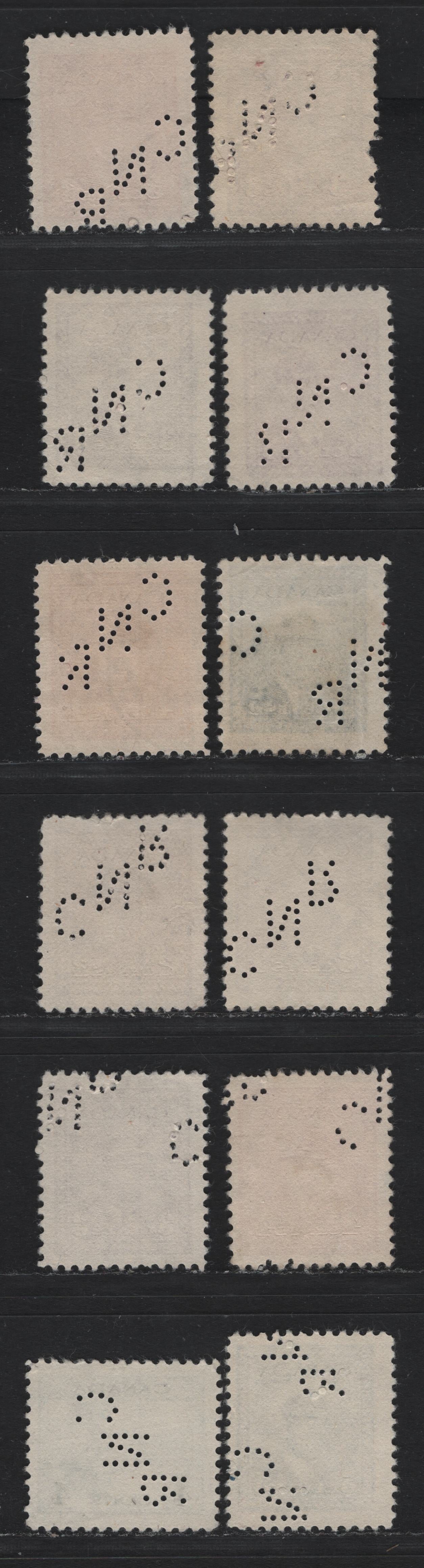 Lot 322 Canada #250var, 251var, 252var, 253var, 254var, 255var 2c - 4c Brown - Blue , 1942-1943 KGVI War Issue, 12 Fine/Very Fine Used Singles, CN Railways Toronto Perfins From Pos. 1, 3 & 4