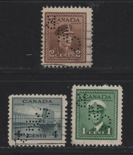 Lot 323 Canada #249var, 250var, 253var 1c - 4c Green - Greenish Slate , 1942-1943 KGVI War Issue, 3 Fine/Very Fine Used Singles, CN Railways Perfins For Vancouver, Pos. 3 & 4