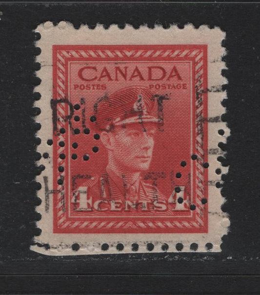 Lot 324 Canada #254var 4c Carmine Red , 1942-1943 KGVI War Issue, A Very Fine Used Single, Winnipeg CNR Perfin From The Scarce Pos. 7