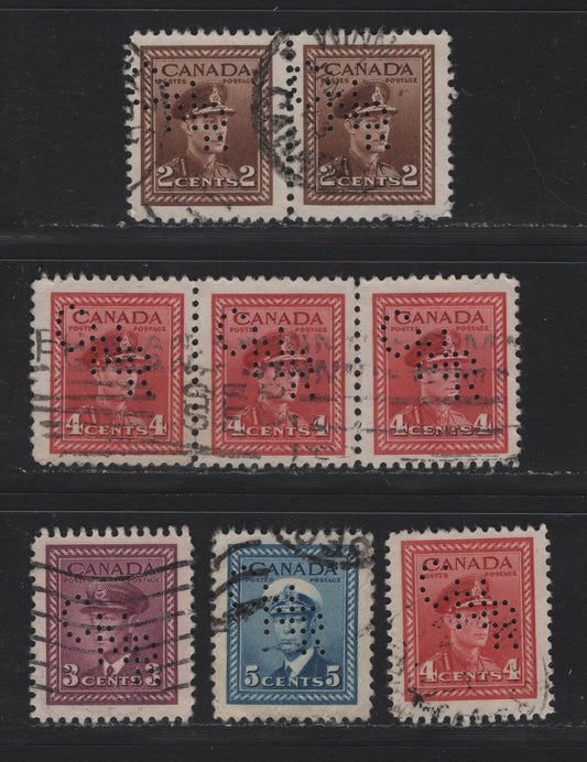 Lot 325 Canada #250var, 252var, 254var, 255var 2c - 5c Brown - Blue , 1942-1943 KGVI War Issue, 5 Fine/Very Fine Used Singles, Pairs & Strips Of 3, Winnipeg CNR Perfin Pos. 1, The 4c Strip & Single Are Printed In Slightly Different Shades