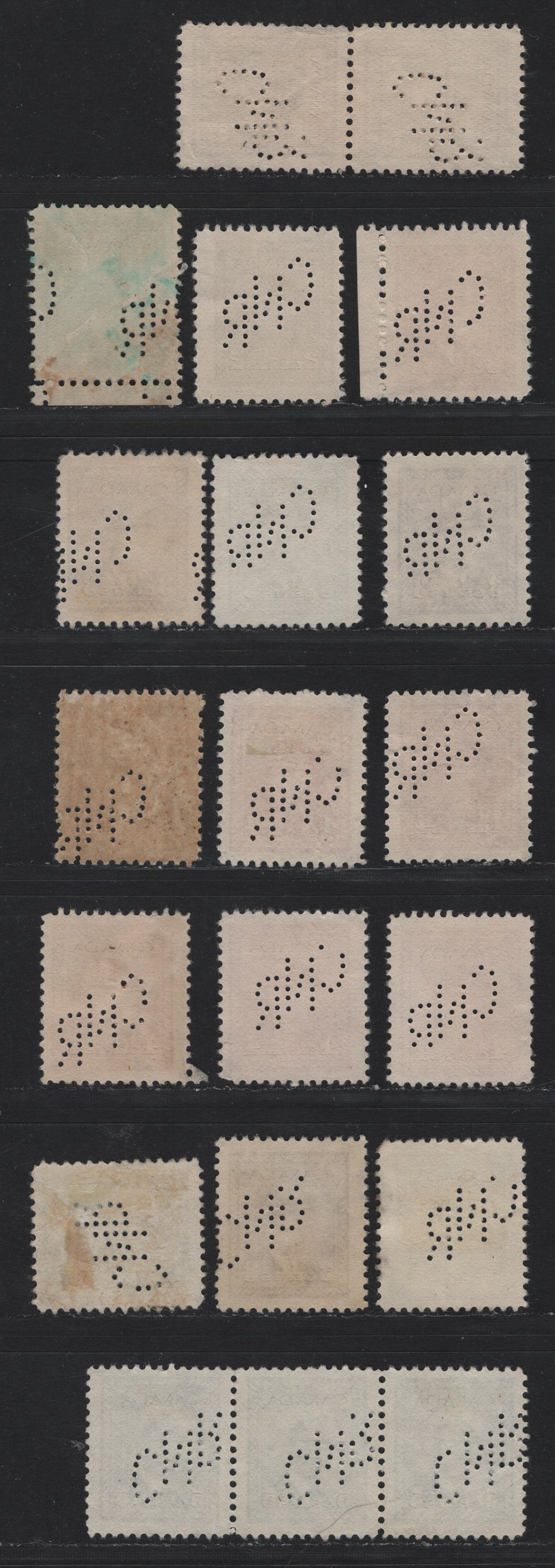 Lot 326 Canada #249var - 255var 1c - 5c Green - Blue , 1942-1943 KGVI War Issue, 17 Fine/Very Fine Used Singles, Pairs & Strips Of 3, CN Railway Perfins For Montreal, Pos. 1, 2 & 3