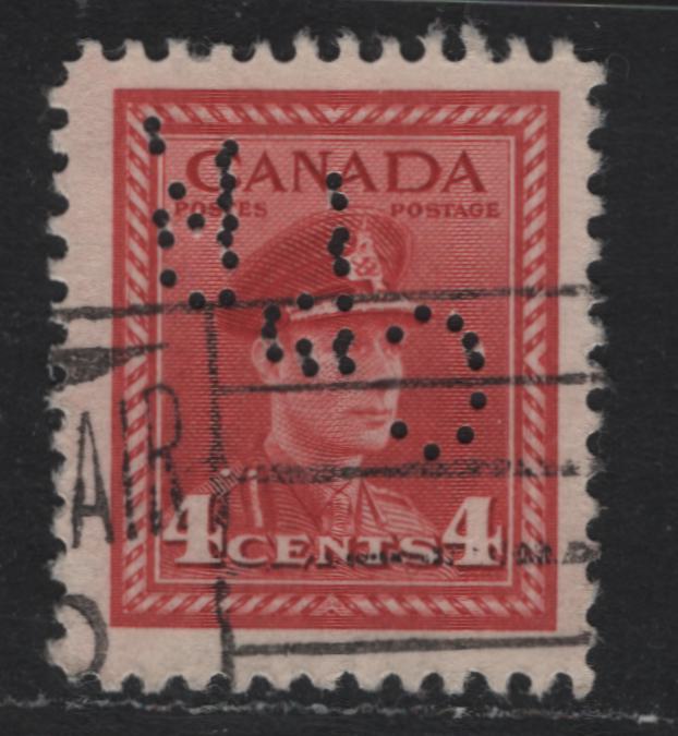 Lot 327 Canada #254var 4c Carmine Red , 1942-1943 KGVI War Issue, A Fine Used Single, CPR Perfin For Montreal, Double Punched, Pos. 3.
