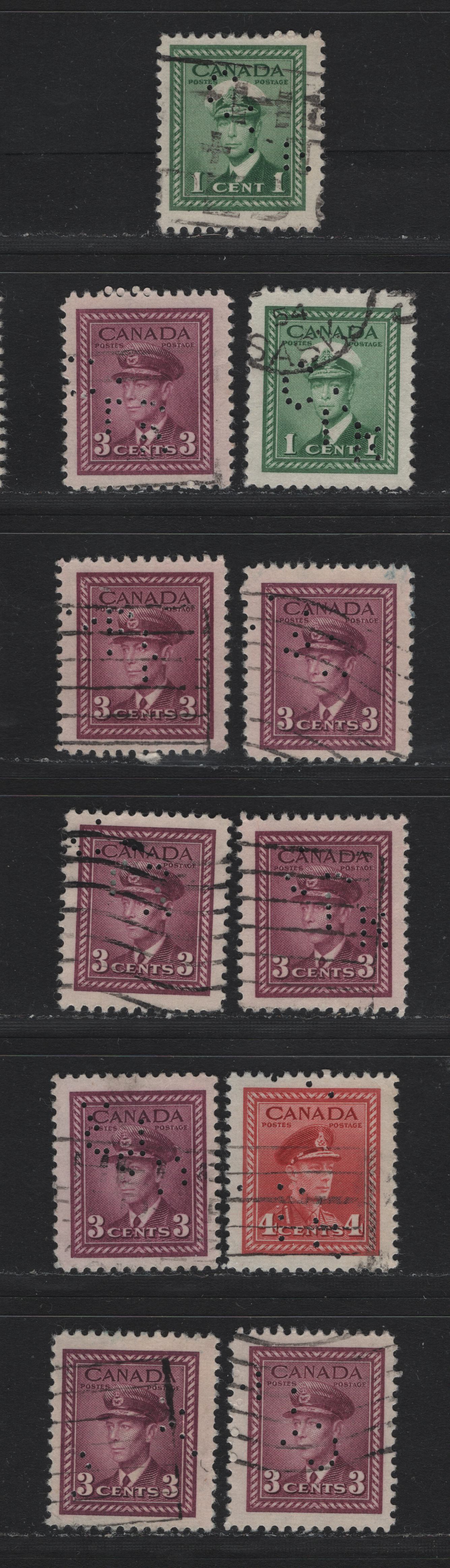 Lot 329 Canada #249var, 252var, 254var 1c - 4c Green - Carmine Red , 1942-1943 KGVI War Issue, 11 Fine/Very Fine Used Singles, CPR Perfins From Montreal From Pos. 1, 2 & 3, All With Missing Holes, Due to Broken Pins.