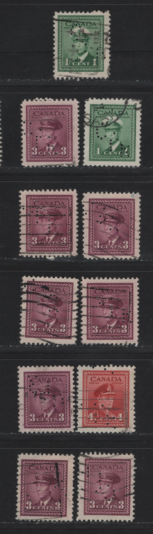 Lot 329 Canada #249var, 252var, 254var 1c - 4c Green - Carmine Red , 1942-1943 KGVI War Issue, 11 Fine/Very Fine Used Singles, CPR Perfins From Montreal From Pos. 1, 2 & 3, All With Missing Holes, Due to Broken Pins.