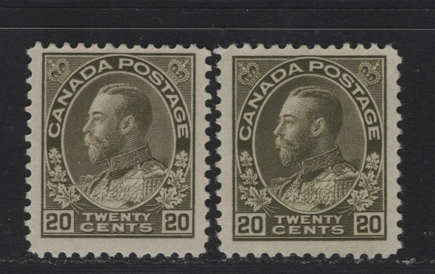 Lot 33 Canada #119 20c Olive Green - Grayish Olive Green , 1911-1925 KGV Admiral Issue, 2 F/VFOG Singles, ABN-M Paper, Perfs 12x11.9 & 11.9